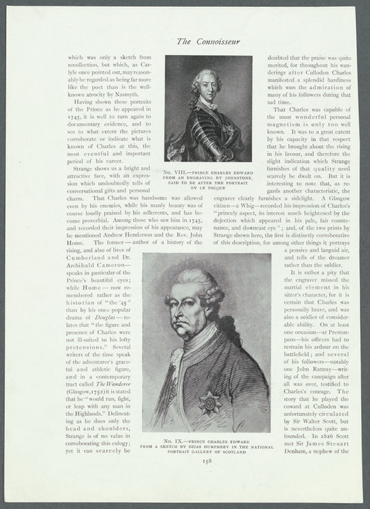 No. VIII.- Prince Charles Edward from an engraving by Johnstone, said to be after the portrait by Le Tocque.  No. IX.- Prince Charles Edward from a sketch by Ozias Humphrey in the National Portrait Gallery of Scotland
