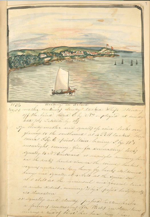 Wooding in Xibara [Sailboat in harbor carrying lumber.]