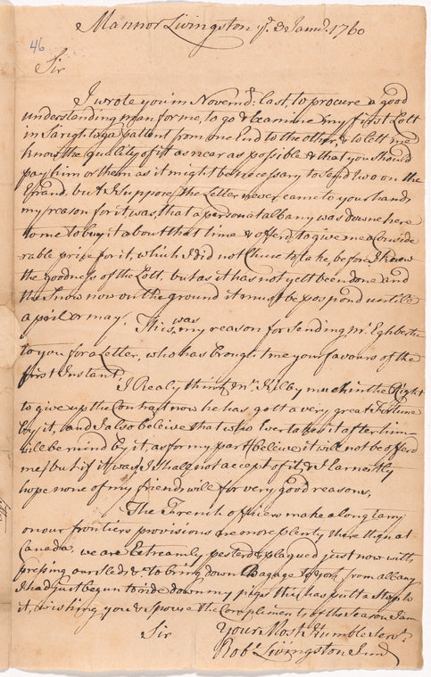 Livingston, Robert, Junr., addressed to Abraham Yates Junr. Esqr. at Albany