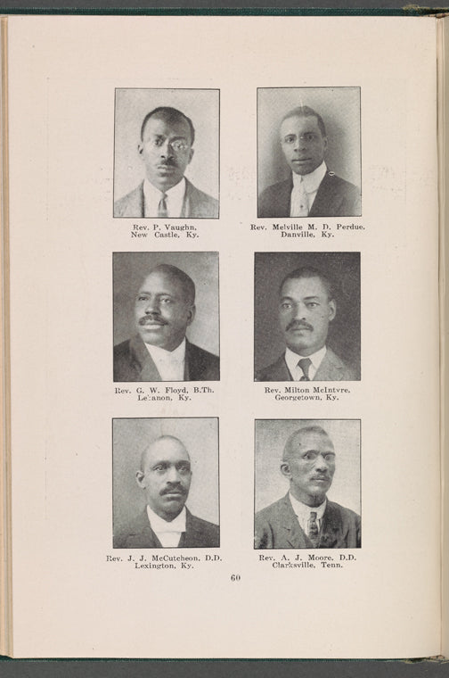 Rev. P. Vaughn, New Castle, Ky. ; Rev. Melville M.D. Perdue, Danville, Ky. ; Rev. G. W. Floyd, B.Th., Lebanon, Ky. ; Rev. Milton McIntyre, Georgetown, Ky. ; Rev. J. J. McCutcheon, D.D., Lexington, Ky. ; Rev. A. J. Moore, D.D., Clarksville, Tenn.