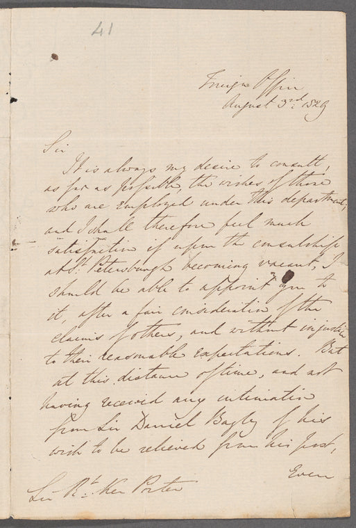 George Hamilton Gordon, Lord Aberdeen to Robert Ker Porter, autograph letter signed