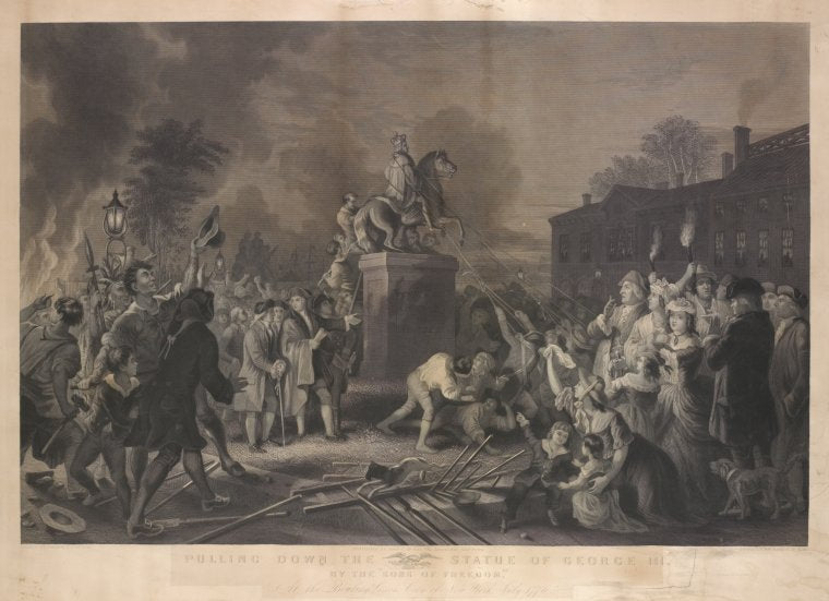 Pulling down the Statue of George III by the "Sons of Freedom" at the Bowling Green, City of New York July 1776