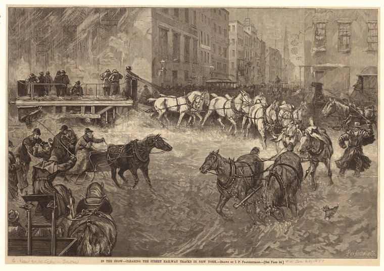 In the snow--clearing the street railway tracks in New York