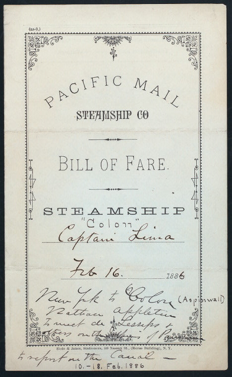 BILL OF FARE [held by] PACIFIC MAIL STEAMSHIP CO. [at] "STEAMSHIP COLON, NEW YORK TO COLON" (SS)
