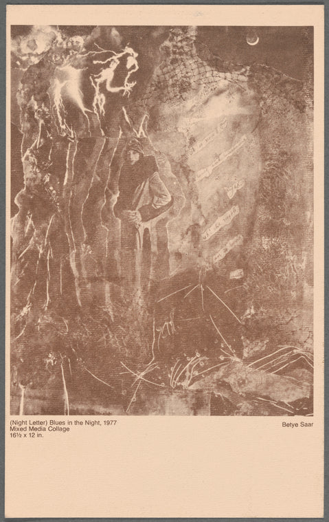 Postcard announcing "Betye Saar Collages" exhibition at Gallery 62