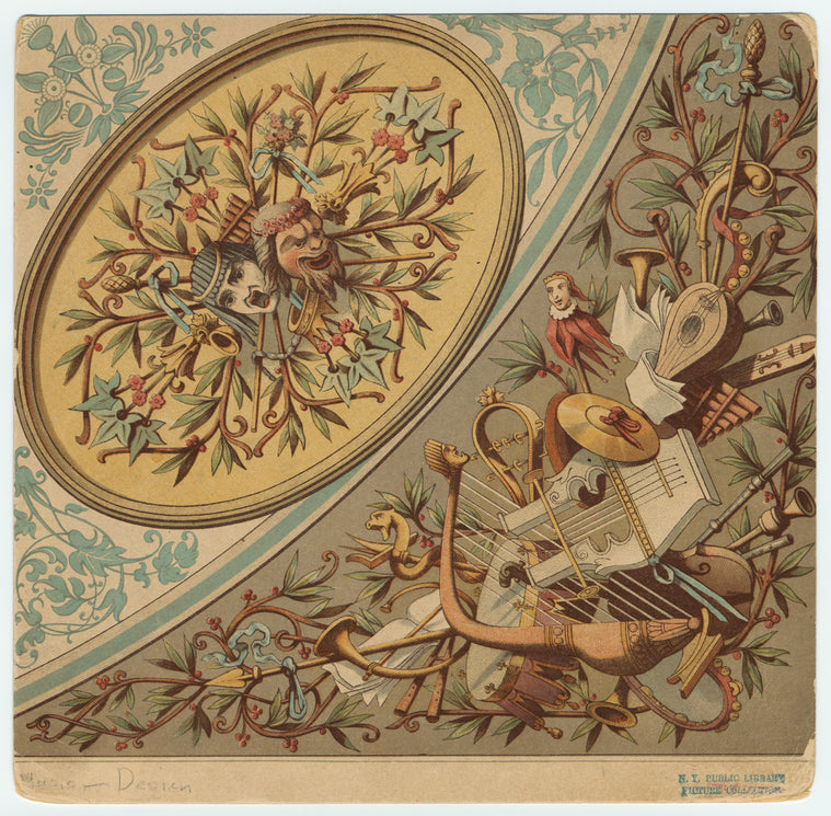 Decorative floral designs with masks and musical instruments.