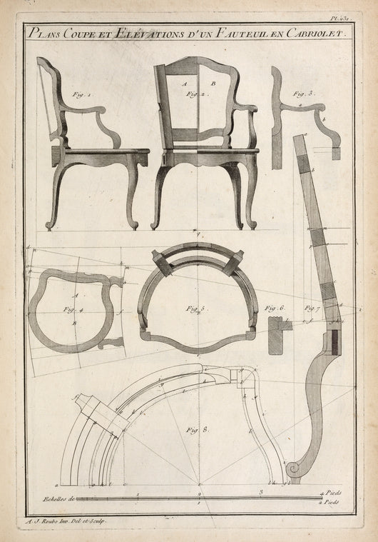 Plans coupe et elévations d'un fauteuil en cabriolet.