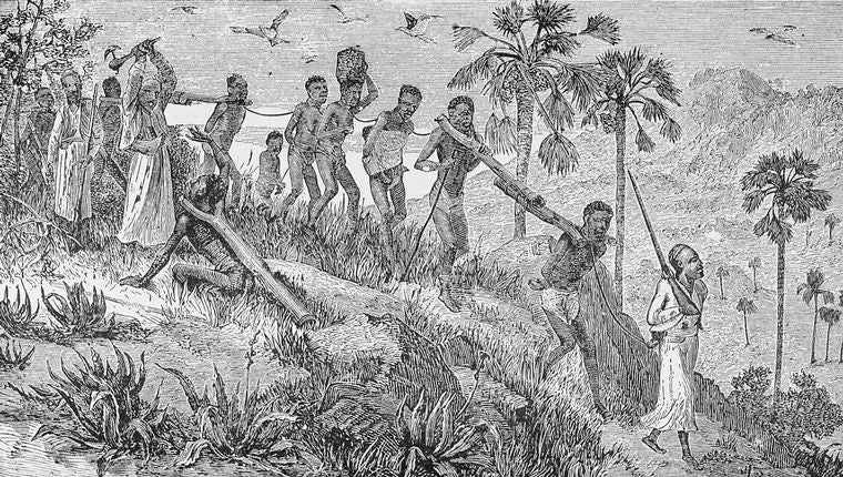 Illustration of armed slave traders capturing and leading group of enslaved persons