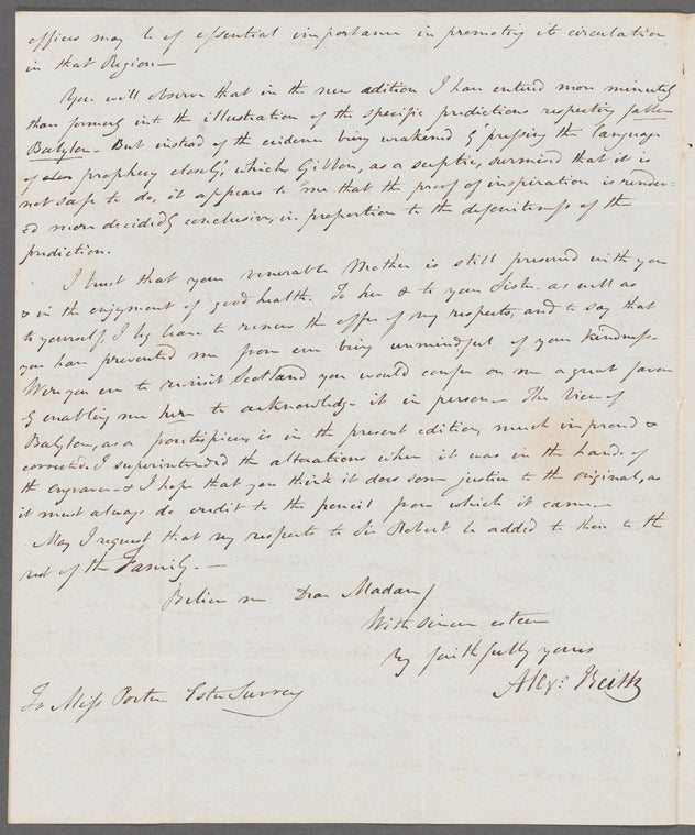Alexander Keith to Miss Porter, autograph letter signed
