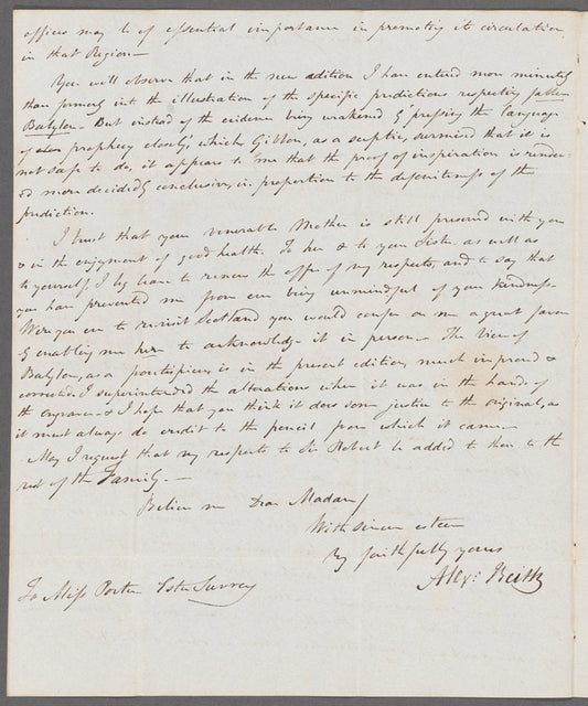 Alexander Keith to Miss Porter, autograph letter signed