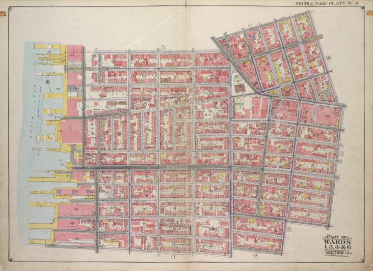 Brooklyn, Vol. 1, Double Page Plate No. 2; Part of Wards 1, 3, 4 & 6, Section 1 & 2; [Map bounded by Pierrepont St., Johnson St., Bridge St., Hoyt St., Smith St.; Including Warren St., Baltic St., East River, Furman St.]