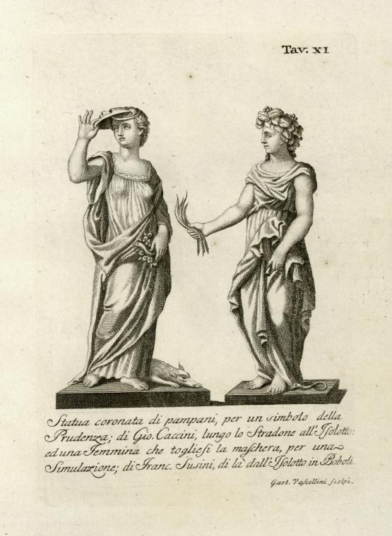 Statua coronata di pampani, per un simbolo della Prudenza; di Gio. Caccini, lungo lo Stradone all'Isolotto: ed una Femmina che togliesi la maschera, per una Simulazione; di Franc. Susini, di la dall'Isolotto in Boboli.