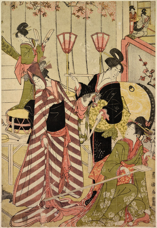 Group of geishas preparing to dance the pony dance (harugoma odori)