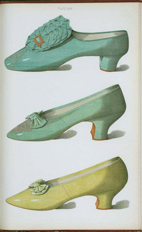Eau-de-nil satin shoe worn by Miss Ada Cavendish as Lady Teazle; beaded shoe; yellowish green shoe