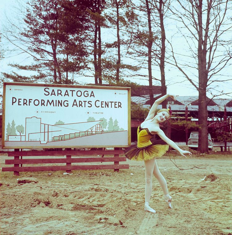 New York City  Ballet  -  publicity photo Violette Verdy poses in front of the new Saratoga Performing Arts Theatre (New York)