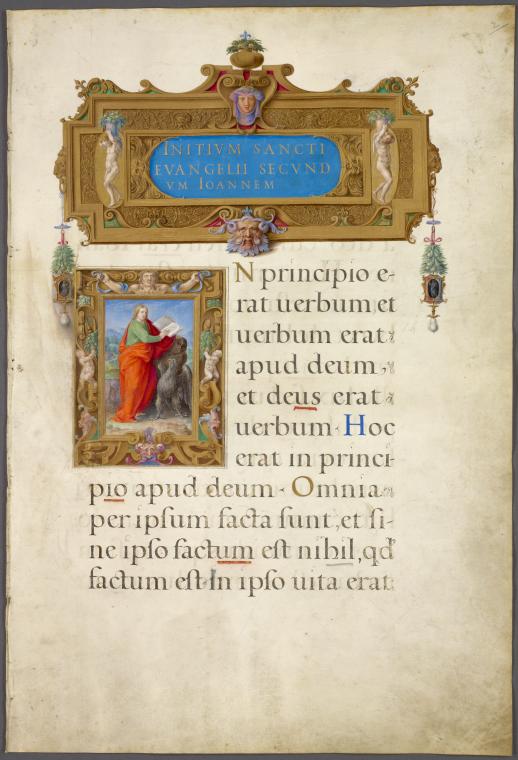 Title and miniature of St. John the Evangelist and his symbol, the eagle, in a landscape; elaborate framing including human figures