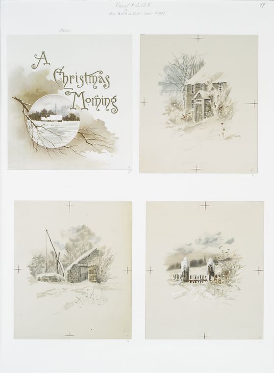 [A Christmas morning: cards depicting buildings, a medallion, trees, branches, winter, a distant steeple a fence and posts.]