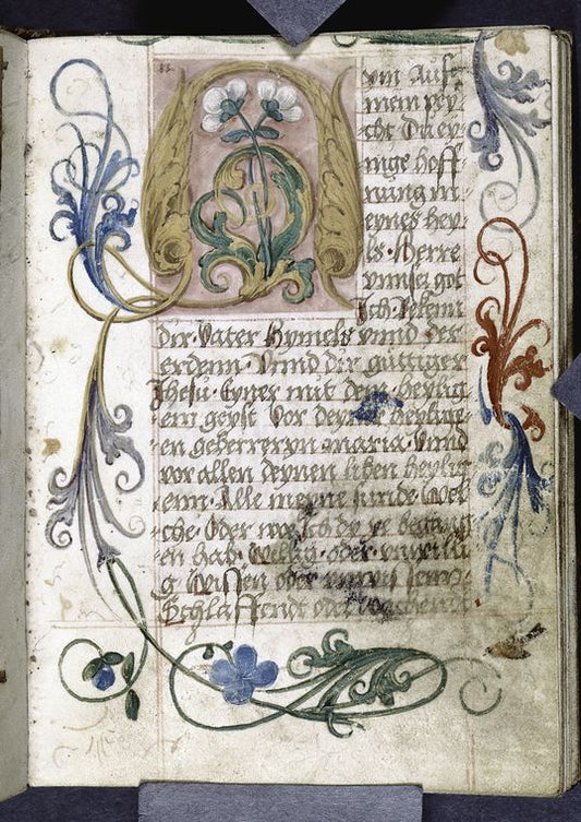 Opening of main text, large initial, border flourishes, placemarkers