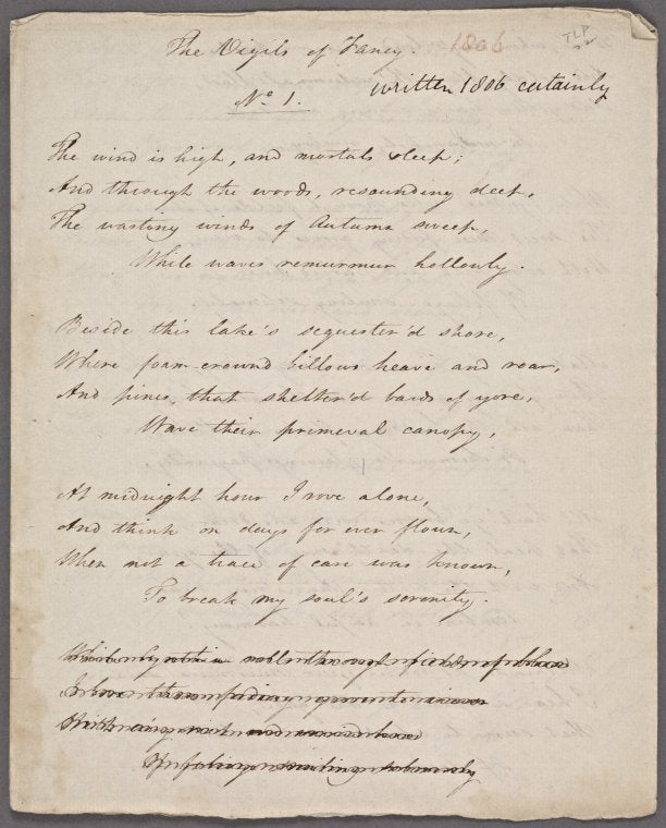 Holograph poem signed, "The Vigils of Fancy," December 1806