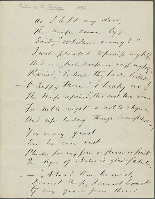 "As I left my door..." Holograph poem, in honor of J. R. Lowell's fortieth birthday, unsigned, undated