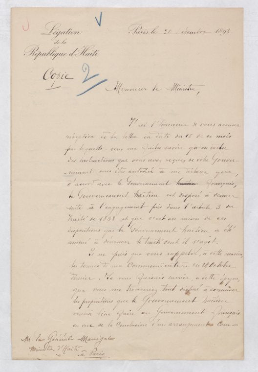 Correspondence between François Manigat & Theophile Delcassé