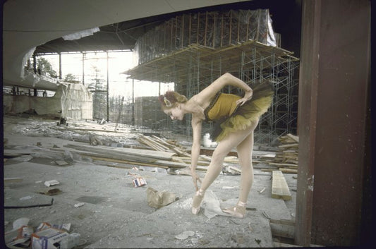 New York City Ballet dancer Violette Verdy poses amidst the construction of the new Saratoga Performing Arts Center (Saratoga)