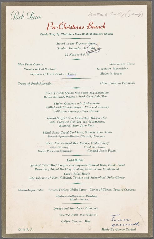Sunday pre-Christmas brunch menu, Park Lane
