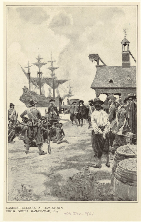 Landing negroes at Jamestown from Dutch man-of-war, 1619