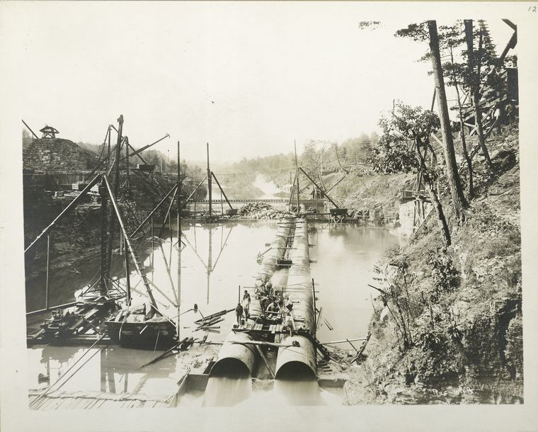 Ashokan Reservoir.  View showing flooded condition of  Esopus creek at site of Olive Bridge dam. Contract 3. October 27, 1908.