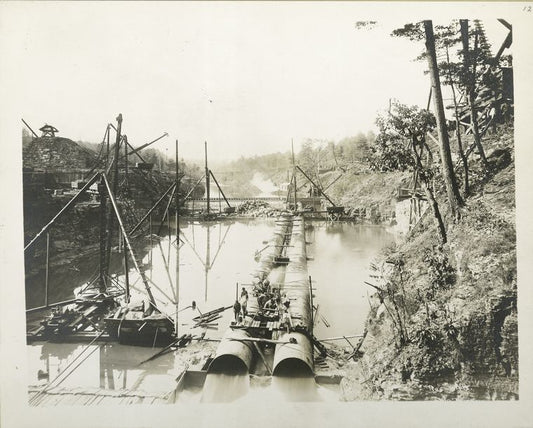 Ashokan Reservoir.  View showing flooded condition of  Esopus creek at site of Olive Bridge dam. Contract 3. October 27, 1908.