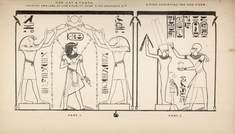 1. Hor Hat & Thoth, pouring emblems of life & purity over king Amunoph 3rd; 2. A king, anointing the god Khem.