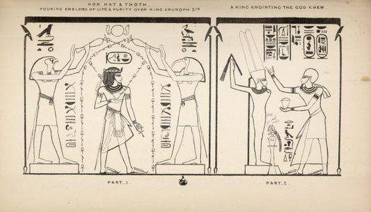1. Hor Hat & Thoth, pouring emblems of life & purity over king Amunoph 3rd; 2. A king, anointing the god Khem.