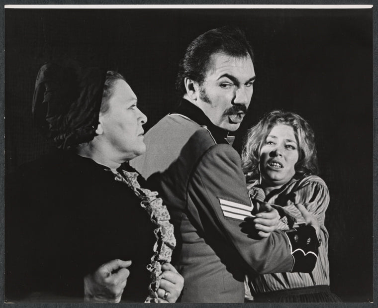 Charlotte Jones, Jeanne Hepple and John Colicos in the stage production Serjeant Musgrave's Dance