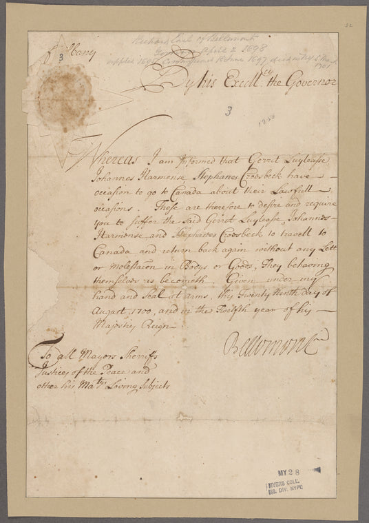 Coote, Richard, Earl of Bellomont. Albany