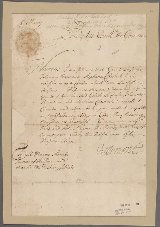 Coote, Richard, Earl of Bellomont. Albany