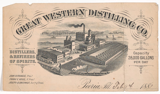 Whiskey label of the Great Western Distilling Co., Peoria, Illinois