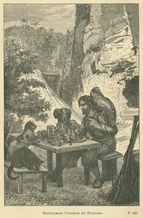 Robinson Crusoe at dinner.