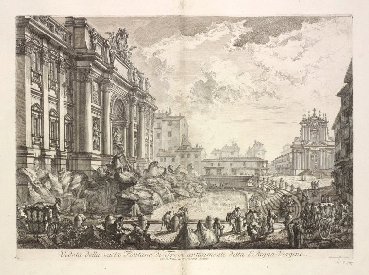 Veduta della vasta Fontana di Trevi anticamente detta l'Acqua Vergine.