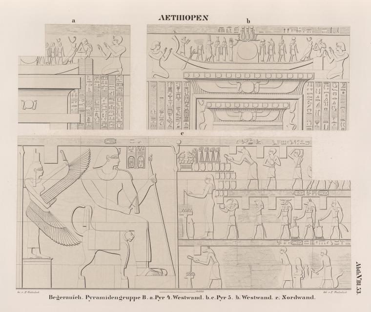 Aethiopen. Begerauîeh [Begrawiya]. Pyramidengruppe B: a. Pyr. 4. Westwand; b.c. Pyr. 5. [b.] Westwand, [c.] Nordwand.