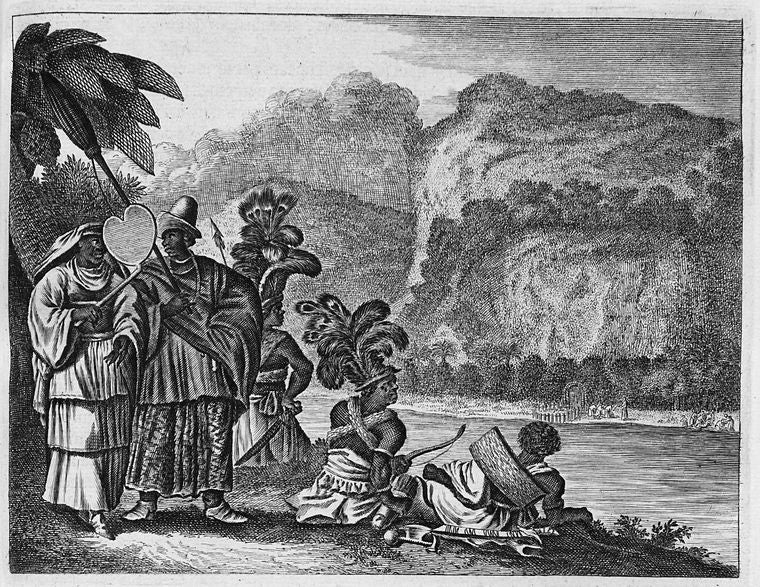 Men wearing ornate clothing and dress gathered along the edge of river.