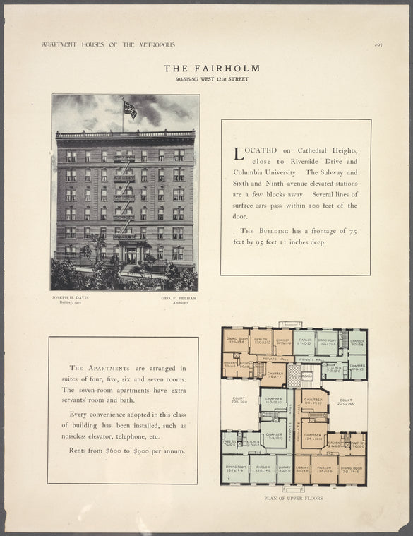 The Fairholm, 503-505-507 West 121st Street;  Plan of upper floors.