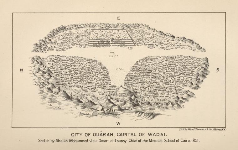 City of Ouârah capital of Wadai.  Sketch by Sheikh Mohamned-Jbu-Omar-el-Tounsy Chief of the Medical School of Cairo, 1851.