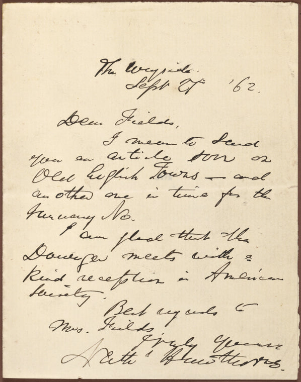 Fields, [James T.], ALS to. Sep. 27, 1862.