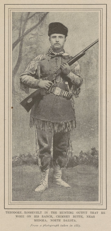 Theodore Roosevelt in the hunting outfit that he wore on his ranch, Chimney Butte, near Medora, North Dakota. From a photograph taken in 1885.