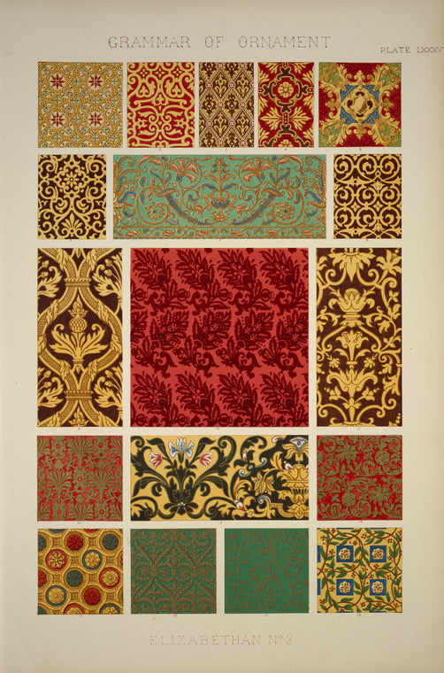 Elizabethan Ornament no. 3: Painted ornaments and ornaments on woolen fabrics from the time of Henry VIII to that of Charles II.