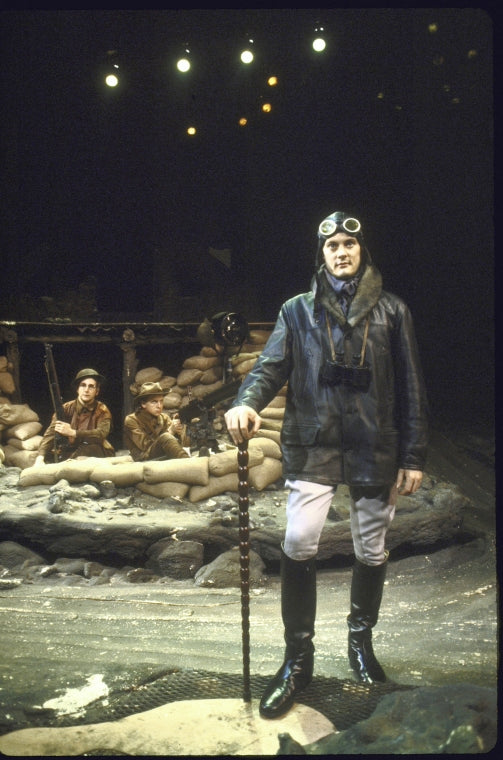 Actor (front) John Vickery with (back, L-R) Mark Linn-Baker and Robert Joy in a scene from the New York Shakespeare Festival's production of the play "The Death of Baron Von Richtofen As Witnessed From Earth" (New York)