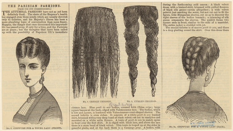 Coiffure for a young lady (front) ; Coiffure for a young lady (back) ; Creole chignon ; Curled chignon