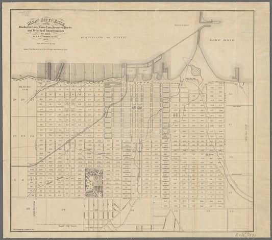 Map of the city of Erie : showing blocks, out lots, water lots, reserved tracts and principal improvements to date