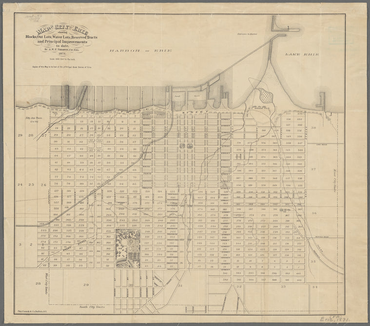 Map of the city of Erie : showing blocks, out lots, water lots, reserved tracts and principal improvements to date