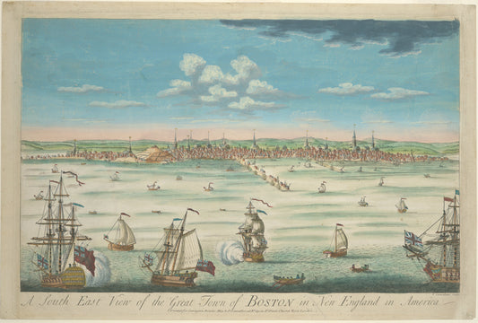 A south east view of the great town of Boston in New England in America.